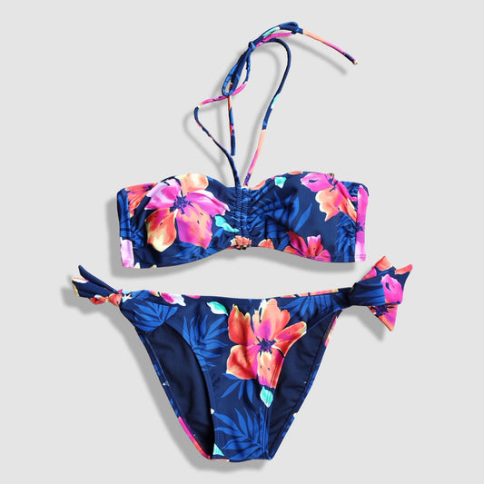 Two Piece Fashion Bikini Set - Navy Blue and Pink Florals