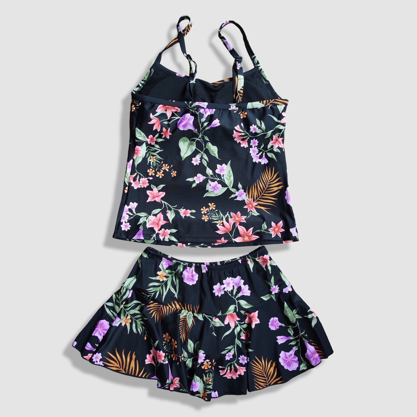 Two Piece Cami Tankini Set - Black with Multi-Colored Floral Pattern with Skirt 2