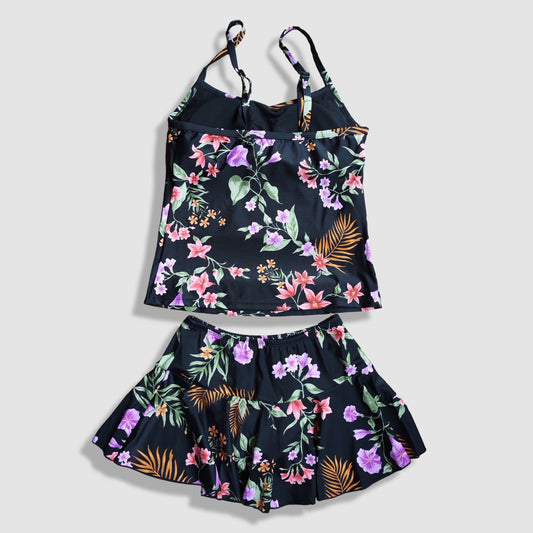 Two Piece Cami Tankini Set - Black with Multi-Colored Floral Pattern with Skirt 2