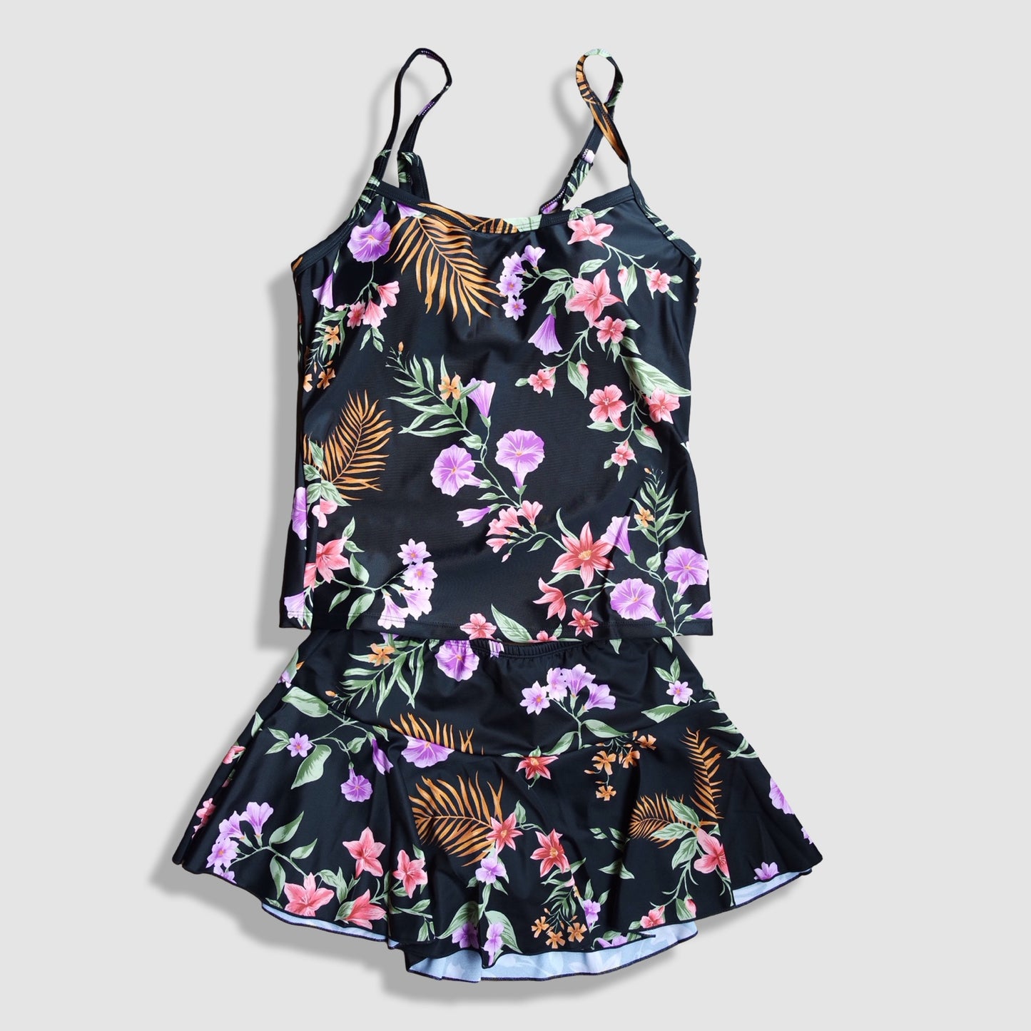 Two Piece Cami Tankini Set - Black with Multi-Colored Floral Pattern with Skirt 2
