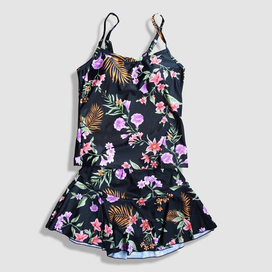 Two Piece Cami Tankini Set - Black with Multi-Colored Floral Pattern with Skirt 2