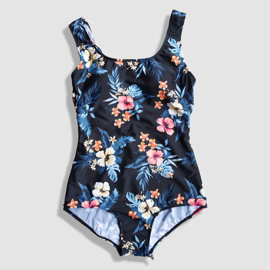 One Piece Swimwear - Black with Multicolored Floral Pattern 2
