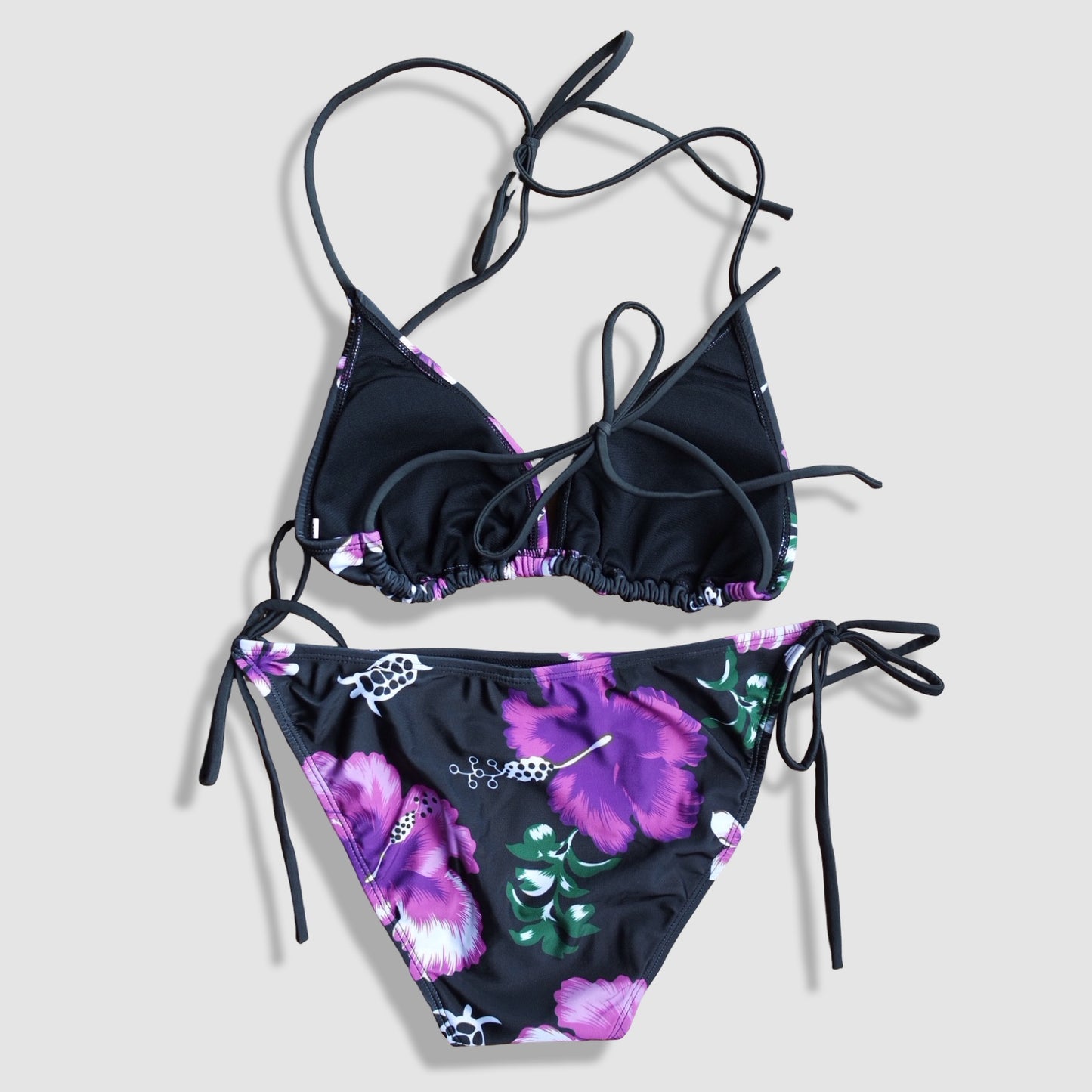 Two Piece String Bikini Set - Black and Purple Hibiscus