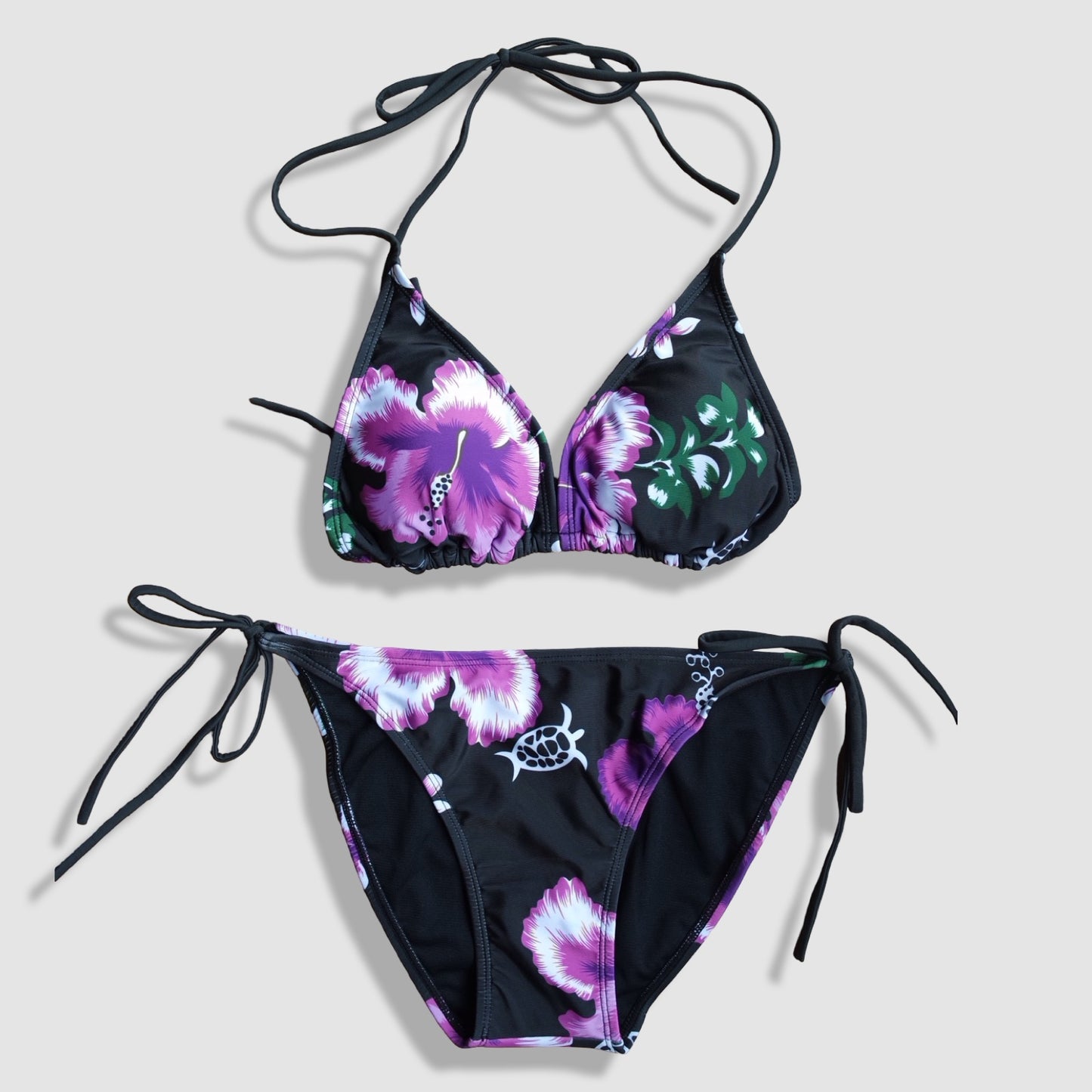 Two Piece String Bikini Set - Black and Purple Hibiscus