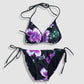 Two Piece String Bikini Set - Black and Purple Hibiscus