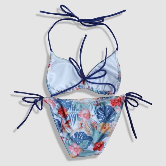 Two Piece String Bikini Set - Hawaiian Floral Print (Multicolor 4)