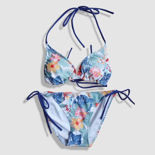 Two Piece String Bikini Set - Hawaiian Floral Print (Multicolor 4)