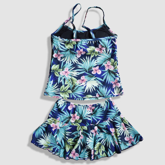Two Piece Cami Tankini Set - Black and Blue Floral Pattern with Skirt