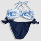 Two Piece Fashion Bikini Set - White and Navy Blue Palm
