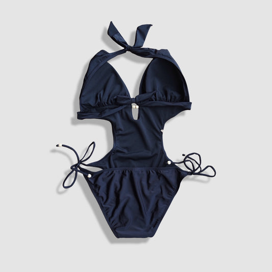 One Piece String Swimwear - Solid Black