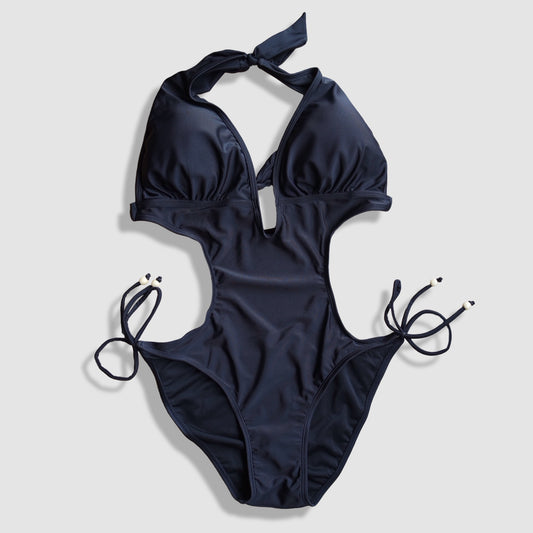 One Piece String Swimwear - Solid Black