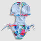 One Piece String Swimwear - White with Multi-Colored Tropical Floral and Leaves Pattern