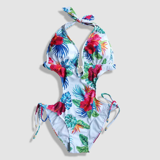 One Piece String Swimwear - White with Multi-Colored Tropical Floral and Leaves Pattern