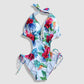 One Piece String Swimwear - White with Multi-Colored Tropical Floral and Leaves Pattern