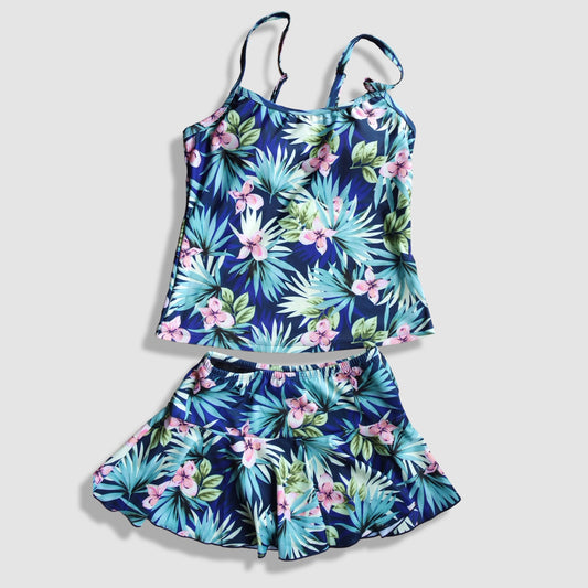 Two Piece Cami Tankini Set - Black and Blue Floral Pattern with Skirt