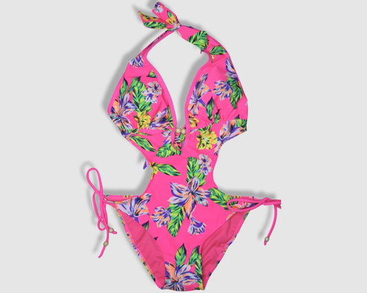 One Piece String Swimwear - Pink with Multicolored Floral Pattern