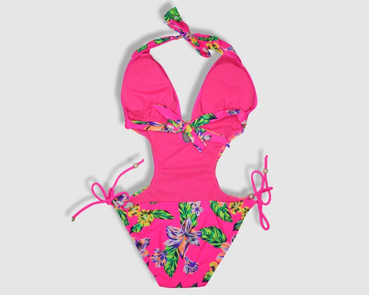 One Piece String Swimwear - Pink with Multicolored Floral Pattern