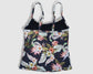 Two Piece Cami Tankini Set - Black with Multi-Colored Floral Pattern with Skirt