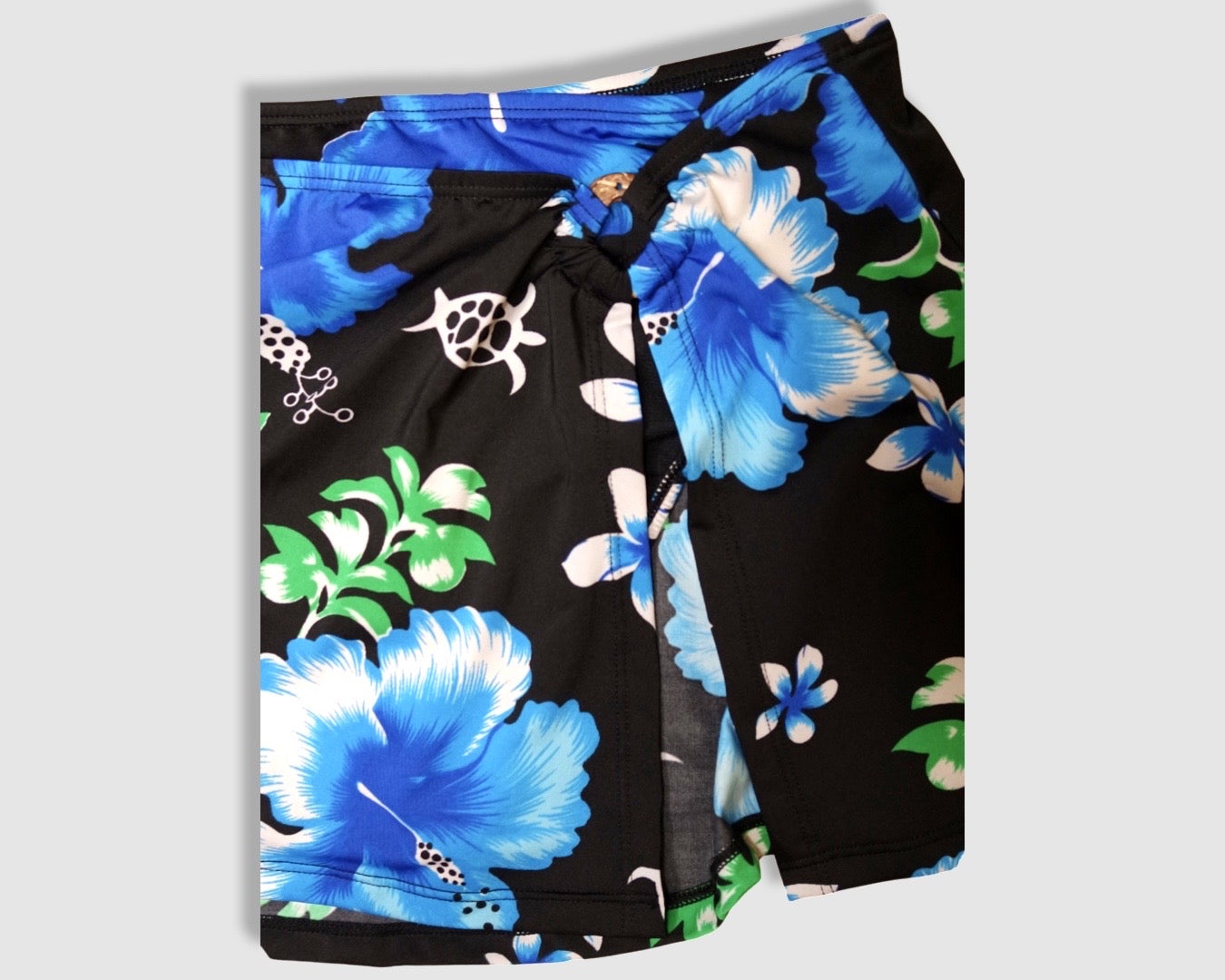 Two Piece Tying Bikini Halter Top Set - Black with Blue Hibiscus Pattern, with Skirt