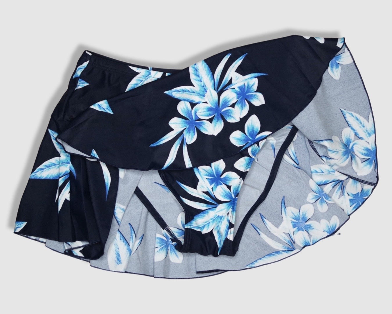 Two Piece Cami Tankini Set - Navy Blue with Blue and White Floral Pattern, with Skirt