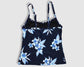 Two Piece Cami Tankini Set - Navy Blue with Blue and White Floral Pattern, with Skirt