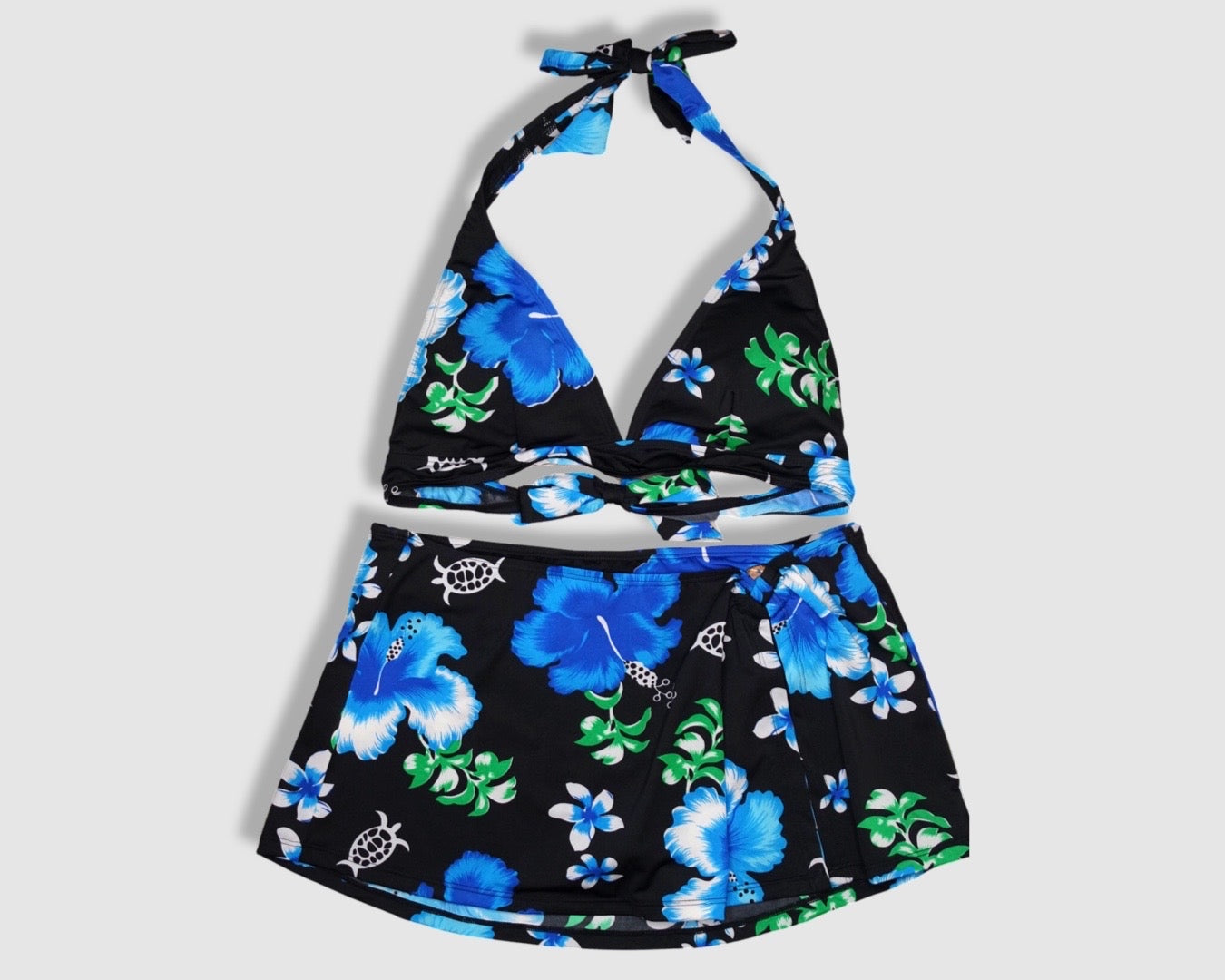 Two Piece Tying Bikini Halter Top Set - Black with Blue Hibiscus Pattern, with Skirt