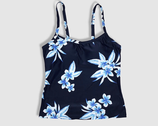 Two Piece Cami Tankini Set - Navy Blue with Blue and White Floral Pattern, with Skirt