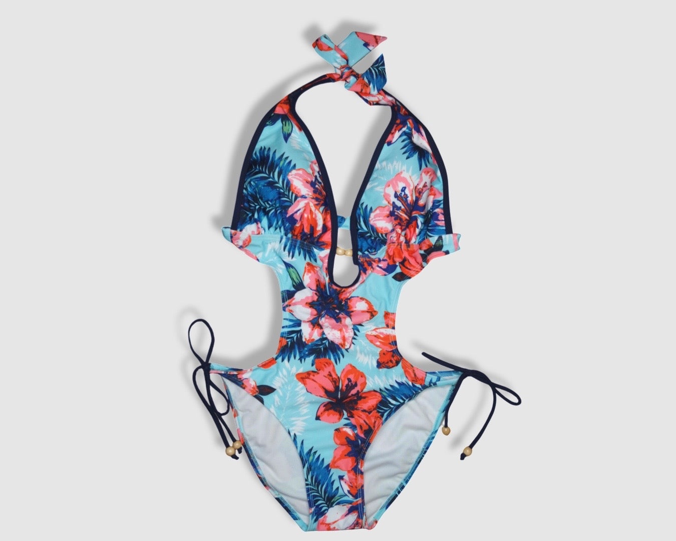 One Piece String Swimwear - Light Blue with Multi-Colored Tropical Flo ...