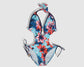 One Piece String Swimwear - Light Blue with Multi-Colored Tropical Floral and Leaves Pattern