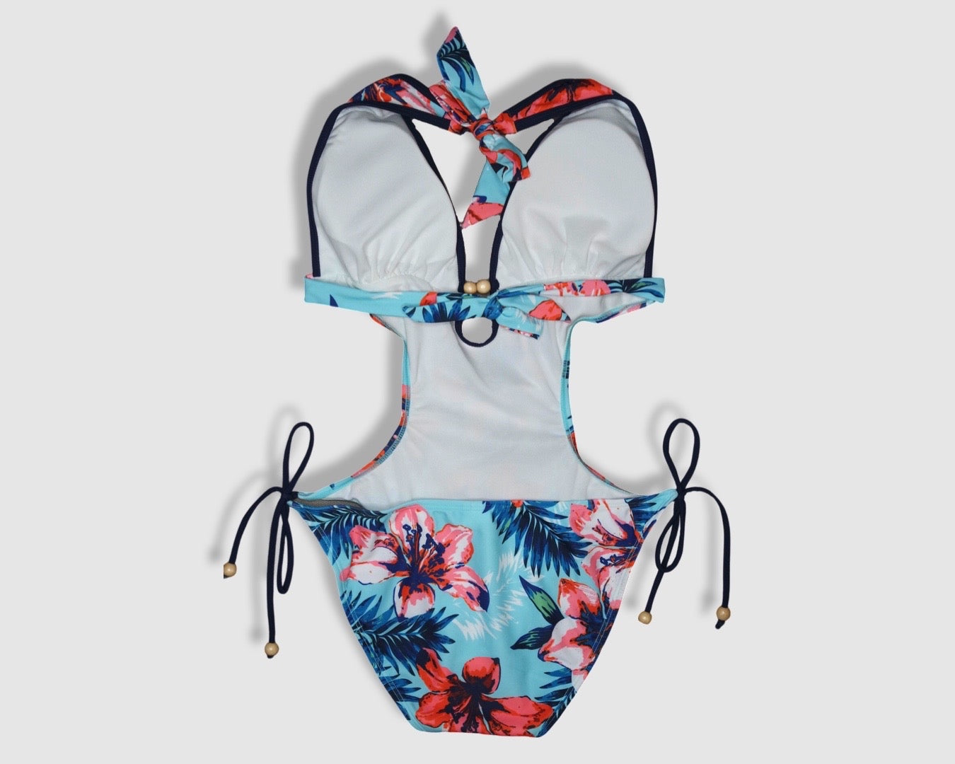 One Piece String Swimwear - Light Blue with Multi-Colored Tropical Floral and Leaves Pattern