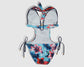 One Piece String Swimwear - Light Blue with Multi-Colored Tropical Floral and Leaves Pattern