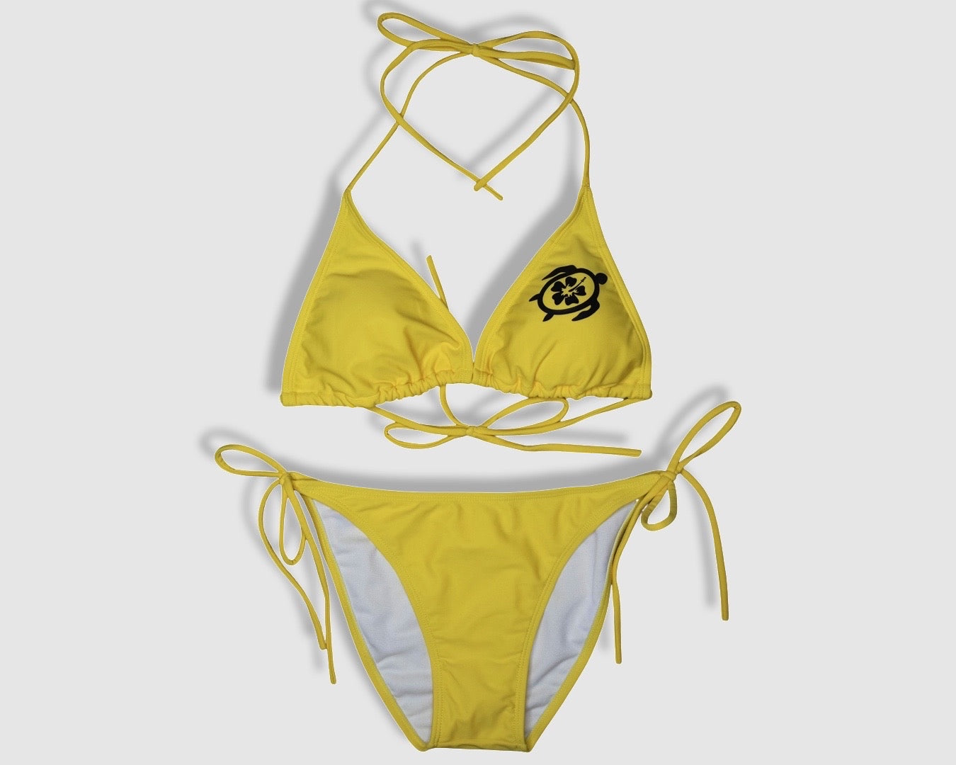 Two Piece String Bikini Set - Solid Yellow with Black Turtle