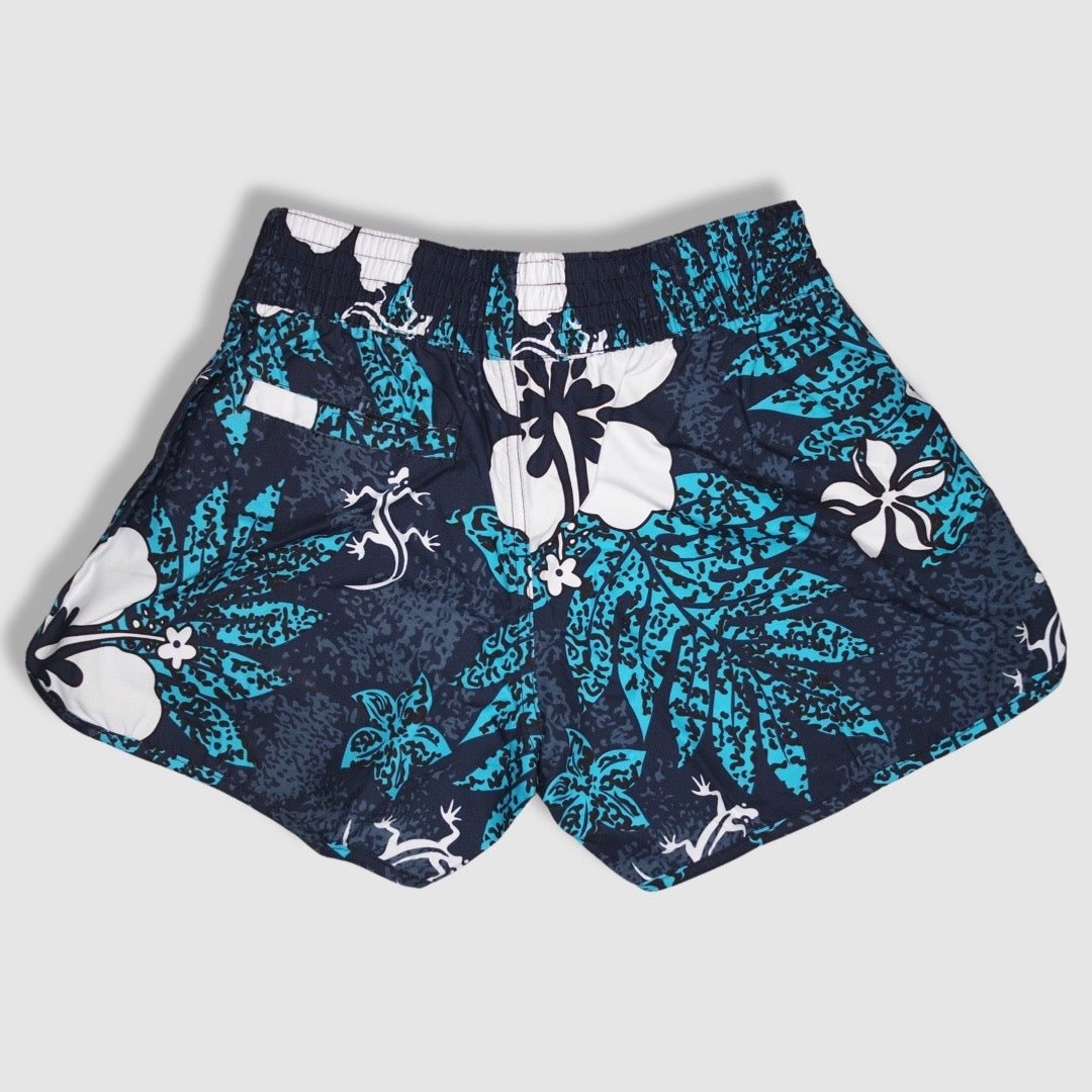 Women's Shorts / Swim Trunks - Speckled Blue and Light Blue Leaves with White Hibiscus/Gecko Pattern