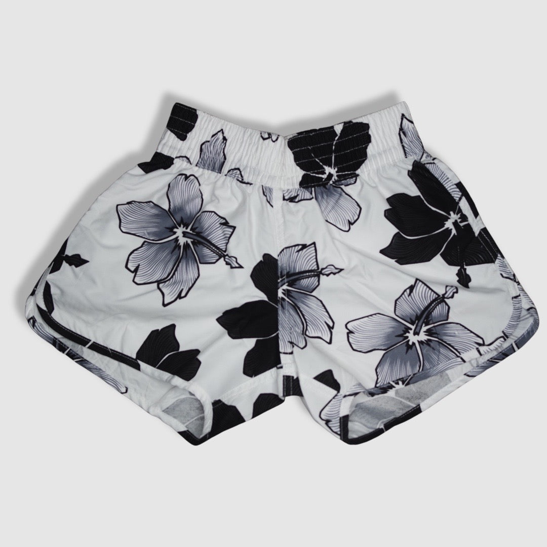 Women's Shorts / Swim Trunks - White and Black Hibiscus Pattern