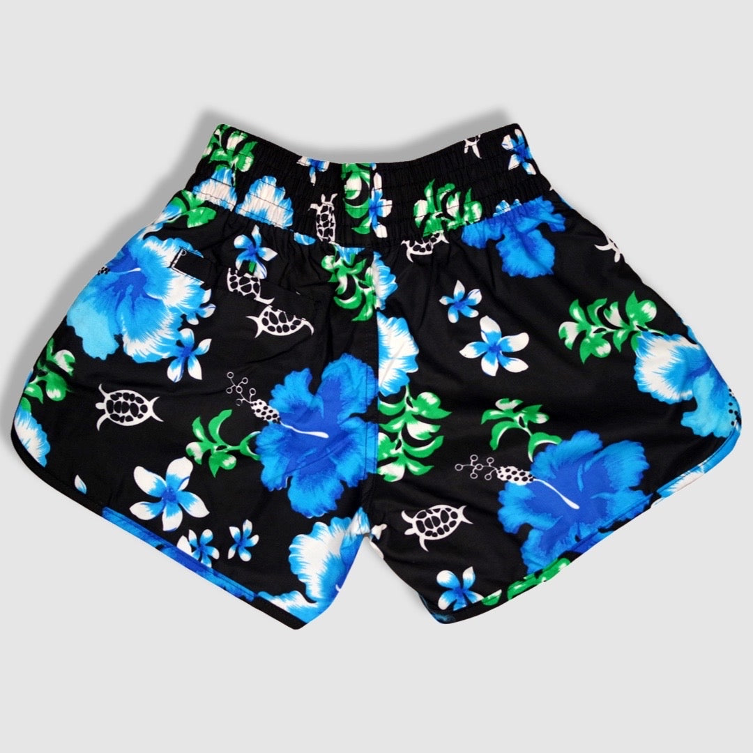 Women's Shorts / Swim Trunks - Black with Blue Hibiscus Pattern