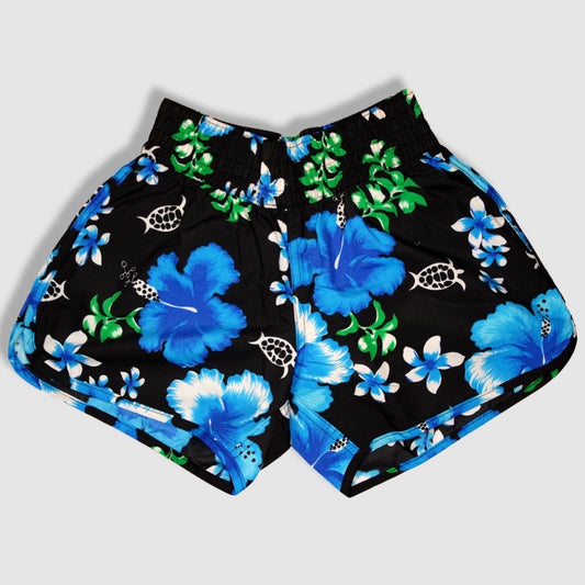 Women's Shorts / Swim Trunks - Black with Blue Hibiscus Pattern