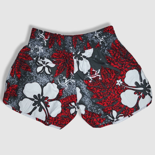 Women's Shorts / Swim Trunks - Speckled Gray with White Hibiscus/Plumeria and Gecko, Red Leaves Pattern