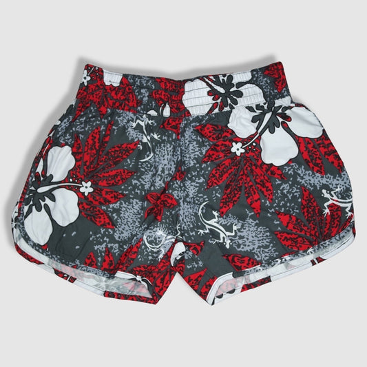 Women's Shorts / Swim Trunks - Speckled Gray with White Hibiscus/Plumeria and Gecko, Red Leaves Pattern