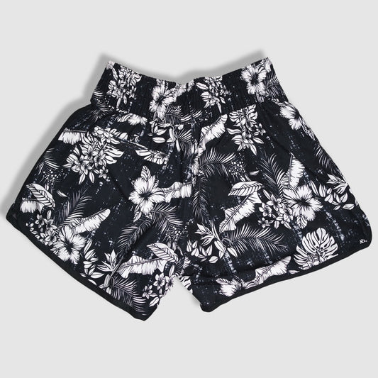 Women's Shorts / Swim Trunks - Black with White Hibiscus and Leaves Pattern