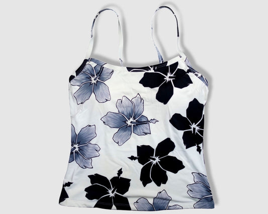 Two Piece Cami Tankini Set - White and Black Hibiscus Floral Pattern, with Black Shorts