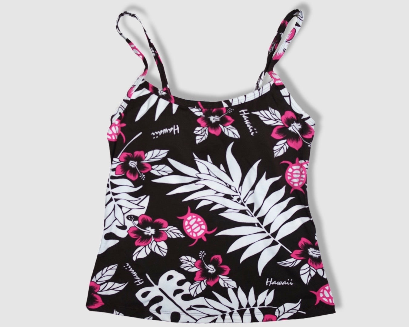 Two Piece Cami Tankini Set - Brown with Pink Hibiscus/White Leaves Pattern with Brown Shorts