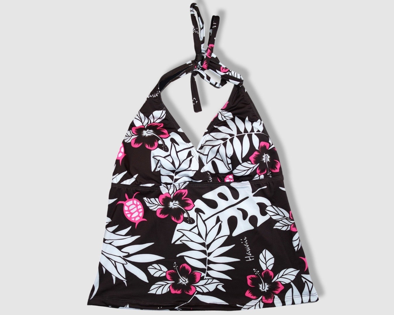 Two Piece Tying Halter Top Tankini Set - Brown with Pink Hibiscus/White Leaves Pattern with Brown Shorts