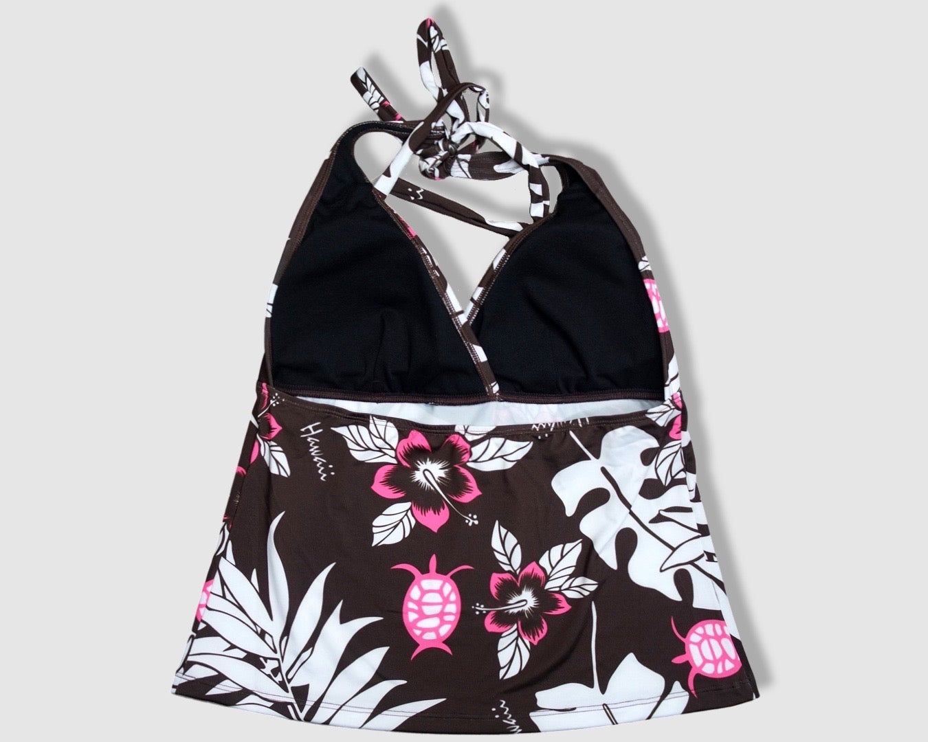 Two Piece Tying Halter Top Tankini Set - Brown with Pink Hibiscus/White Leaves Pattern with Brown Shorts