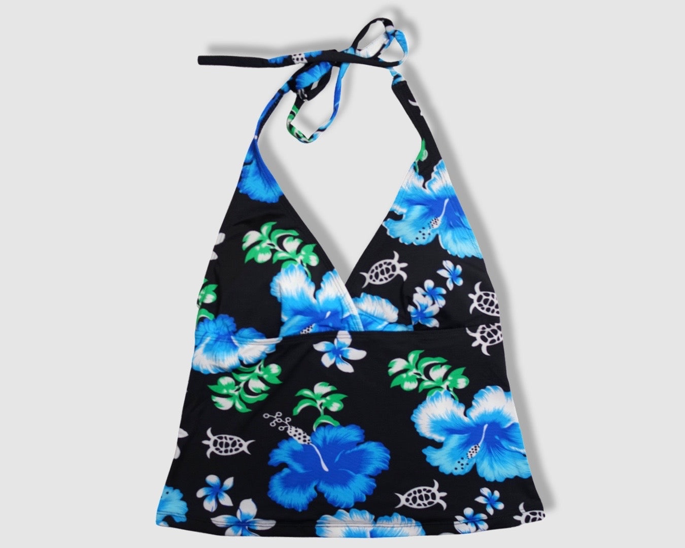 Two Piece Tying Halter Top Tankini Set - Black With Blue Hibiscus Pattern with Black Shorts