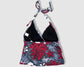 Two Piece Tying Halter Top Tankini Set - Speckled Gray with White Hibiscus/Plumeria and Gecko, Red Leaves Pattern, with Black Shorts