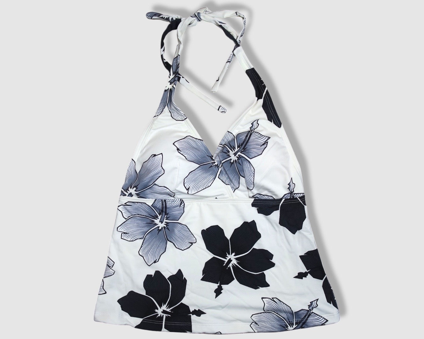 Two Piece Tying Halter Top Tankini Set - Black and White Hibiscus with Black Shorts