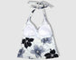 Two Piece Tying Halter Top Tankini Set - Black and White Hibiscus with Black Shorts