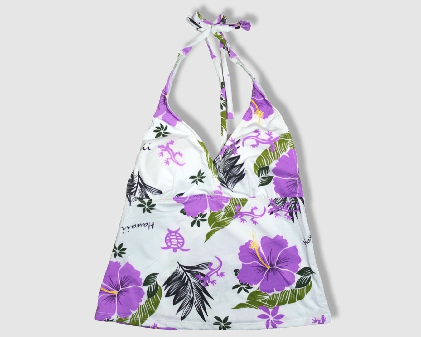 Two Piece Tying Halter Top Tankini - White with Purple Hibiscus/Turtle/Gecko and Black/Green Tropical Leaves Pattern, with Black Shorts