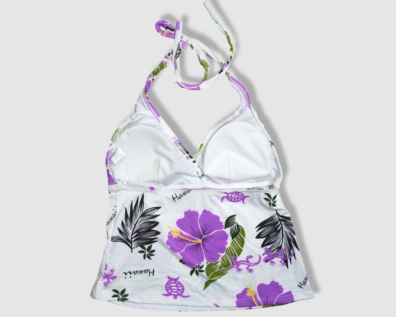 Two Piece Tying Halter Top Tankini - White with Purple Hibiscus/Turtle/Gecko and Black/Green Tropical Leaves Pattern, with Black Shorts