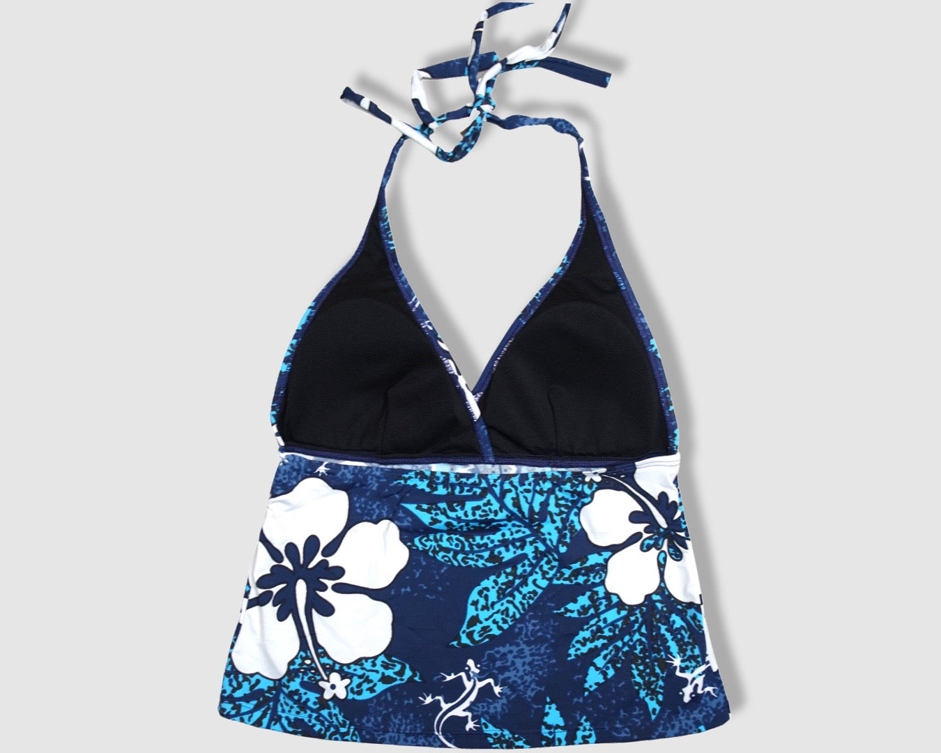 Two Piece Tying Halter Top Tankini Set - Speckled Blue and Light Blue Leaves with White Hibiscus/Gecko Pattern with Navy Blue Shorts